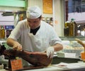 Man Cutting Presunto In Faro Portugal