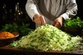 man cutting white onion with knife Royalty Free Stock Photo