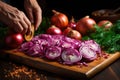 man cutting white onion with knife Royalty Free Stock Photo