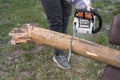 Man cutting wood with a chainsaw in a garden