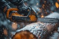 A man is cutting wood in the forest with a chainsaw. Generative AI