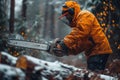 A man is cutting wood in the forest with a chainsaw. Generative AI