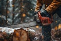 A man is cutting wood in the forest with a chainsaw. Generative AI Royalty Free Stock Photo