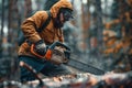 A man is cutting wood in the forest with a chainsaw. Generative AI Royalty Free Stock Photo