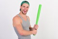 Man in cyan green baseball hat on white background. Royalty Free Stock Photo