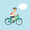 Man cycling chat bubble character full length over blue background flat