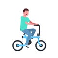Man cycling electric bike over white background cartoon full length character flat style