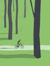 Man cycling through forest vector. Healthy active outdoor lifestyle for relax and recreation.