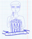 Man in 3D glasses eating delicious popcorn from a big striped c