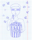 Man in 3D glasses eating delicious popcorn from a big striped ca