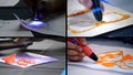 Man 3d pen draws molten plastic and hardening photopolymer