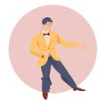 Man dance lindy hop. Stylish retro man in yellow jacket isolated on pink background. Vector illustration.