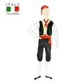 National costume dancing an Italian tarantella on white background. Man dancer in red black folk costume Italy