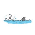 Man in danger. Shark in the sea. Ocean deep water shark attack. Hand drawn. Stickman cartoon. Doodle sketch, Vector graphic