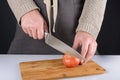 A man in a dark apron slices a tomato into two halves. A beautiful photo of the process of cooking vegetables.