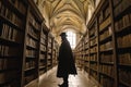 man in dark attire standing in an archaic library