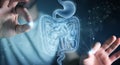 Man using digital x-ray of human intestine holographic scan projection 3D rendering