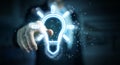 Man using lightbulb neon digital interface 3D rendering
