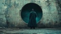 Man in dark coat facing mysterious portal in old concrete wall Royalty Free Stock Photo