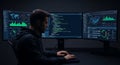 Cybersecurity Analyst Working on Multiple Monitors with Data Visualizations Royalty Free Stock Photo