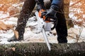 Man in a dark jacket cuts a tree with the help of an electric chainsaw. Deforestation. Harvesting wood. Scaffolding Royalty Free Stock Photo