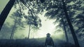 Man on dark misty forest path in fog, Halloween concept Royalty Free Stock Photo