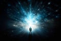 Man in dark space with glowing light and stars Royalty Free Stock Photo
