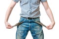 Man - debtor is showing empty pockets of his jeans ans symbol of no money