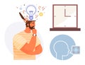 Man Deep in Thought with Floating Light Bulb, Clock, and Profile Highlighting Creativity and Time Royalty Free Stock Photo