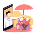 Man defends elderly people by umbrella from mobile phone. Vector concept for remote distant protection senior people