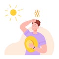 Man dehydration from heat. Exhausted cartoon person summer heated weather, sweating people on hot burn sunny, illness