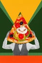 Man with delicts pizza slice over head against colorful background. Contemporary art collage. Poster. Italian cuisine