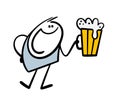 Man is delighted holding large glass mug of cold beer with foam and anticipating alcoholic drink. Vector illustration of