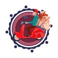 Man Deliver Boxes Riding Retro Scooter Delivery Service Icon Isolated Template Logo