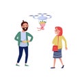 Man delivering flowers to a young woman using drone quadrocopter vector Illustration on a white background