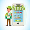 Man Delivering Online with Grocery order from smartphone. Delivery concept - vector