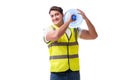 The man delivering water bottle isolated on white