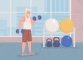 Man demonstrating biceps flat color vector illustration