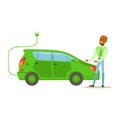 Man Demonstrating Green Electric Car , Contributing Into Environment Preservation By Using Eco-Friendly Ways