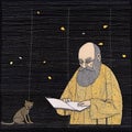 Art Quilt: The Cat Reads To The Old Man In Yellow