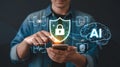 Man using phone for security identification with AI authentication and data protection Royalty Free Stock Photo