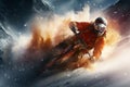 A man descending on a bike in the snowy mountains. Freeride. Downhill bike ride from the mountainside. Flying plump snow