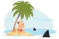 Man on desert island surrounded by sharks. Illustration for internet and mobile website