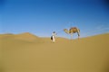 Man in desert with stubborn camel