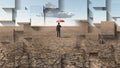 Man in desert with umbrella and single cloud