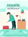 Man designer working with stack of textiles, sewing to order. Fashion workshop concept poster