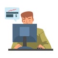 Man at Desktop Computer Analyzing Financial Profit Growth and Evaluating Revenue and Expense Vector Illustration Royalty Free Stock Photo