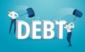 Man destroying the word debt with a hammer. vector illustration