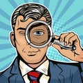 The man is a detective looking through magnifying glass search. Vector pop art illustration Royalty Free Stock Photo