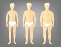 Man in a different forms, set of flat style illustrations. Handsome blonde man in white underwear with excess weight, in normal sh